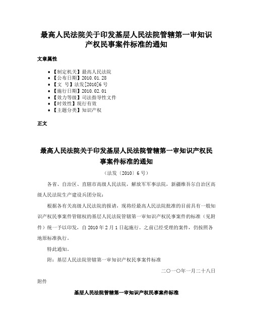 最高人民法院关于印发基层人民法院管辖第一审知识产权民事案件标准的通知