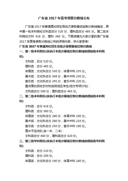 广东省2017年高考录取分数线公布