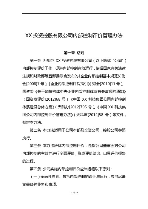 XX投资控股有限公司内部控制评价管理办法