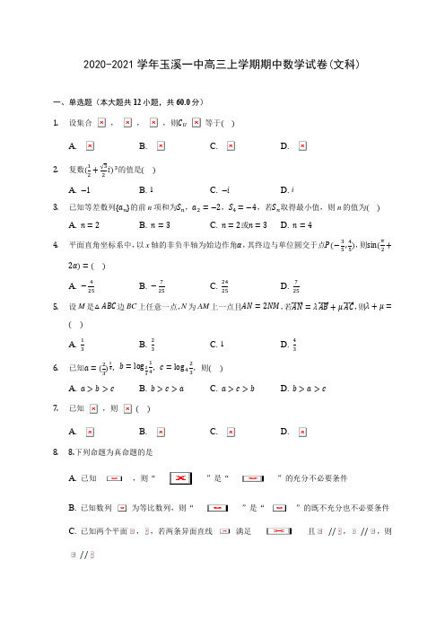 2020-2021学年玉溪一中高三上学期期中数学试卷(文科)(含解析)