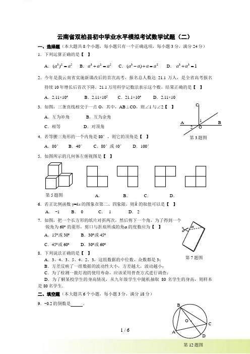 双柏县中考数学二模试题及答案