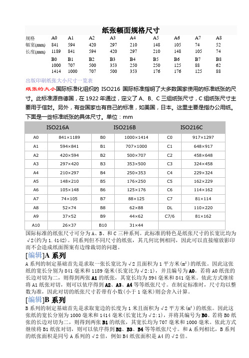 纸张幅面规格尺寸