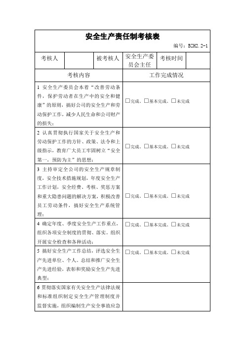 安全生产委员会主任安全生产责任制考核表