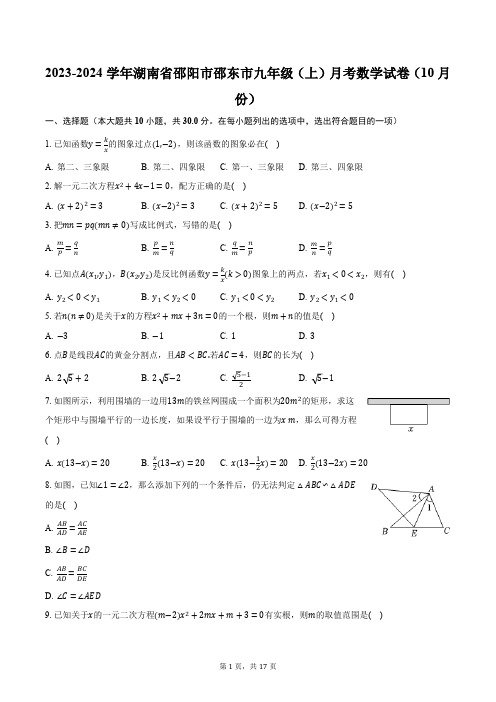 2023-2024学年湖南省邵阳市邵东市九年级(上)月考数学试卷(10月份)(含解析)