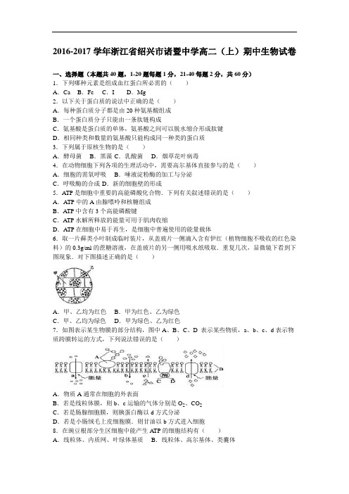 浙江省绍兴市诸暨中学2016-2017学年高二上学期期中生物试卷 Word版含解析