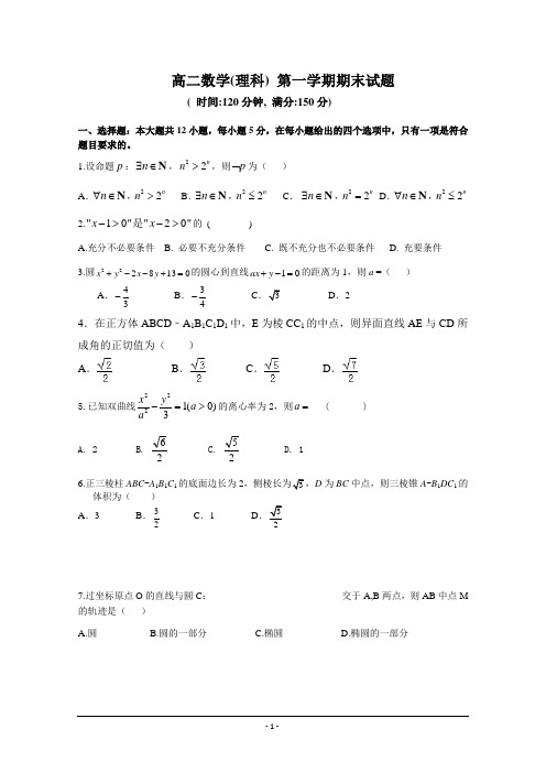 2019福建省高二上学期数学(理)期末考试