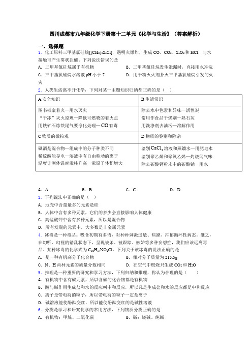 四川成都市九年级化学下册第十二单元《化学与生活》(答案解析)