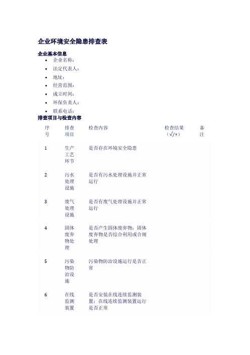 企业环境安全隐患排查表