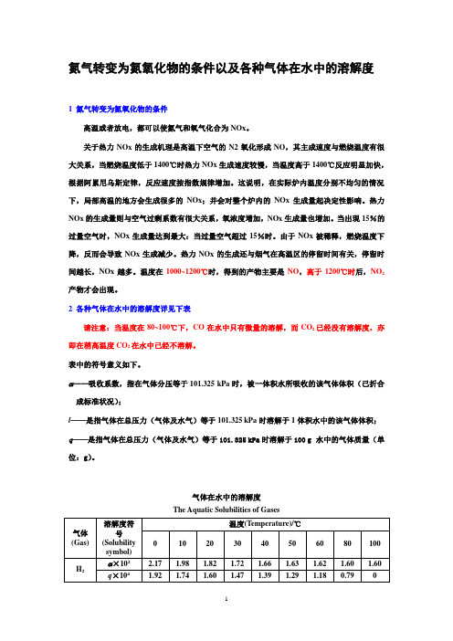 氮气转变为氮氧化物的条件以及各种气体在水中的溶解度