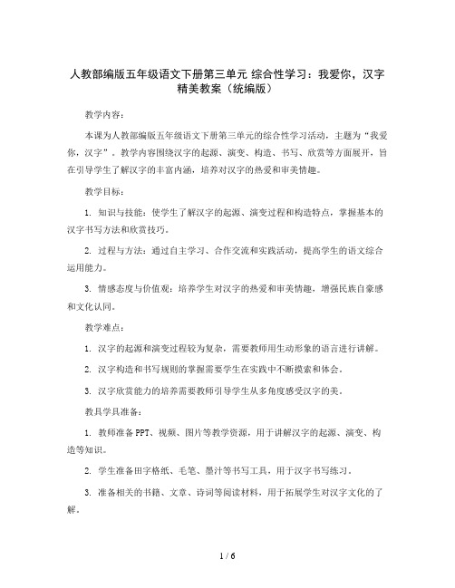 人教部编版五年级语文下册第三单元  综合性学习：我爱你,汉字   精美教案(统编版)