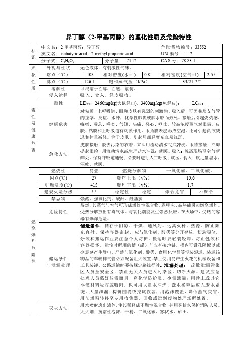 1危险化学品异丁醇(2-甲基丙醇)的理化性质及危险特性表MSDS