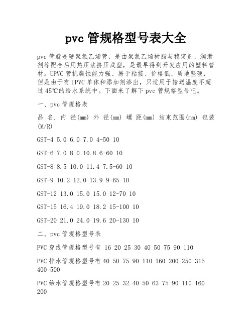 pvc管规格型号表大全