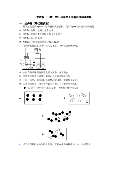 沪教版(上海)2021年化学上册期中试题及答案