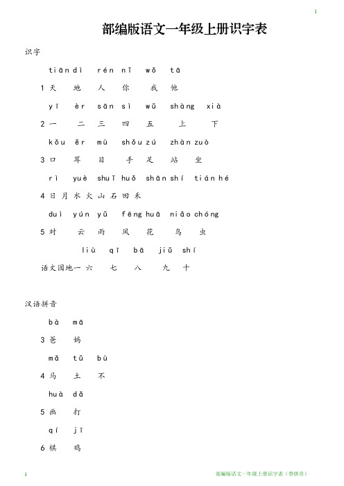 部编版语文一年级上册识字表(带拼音)