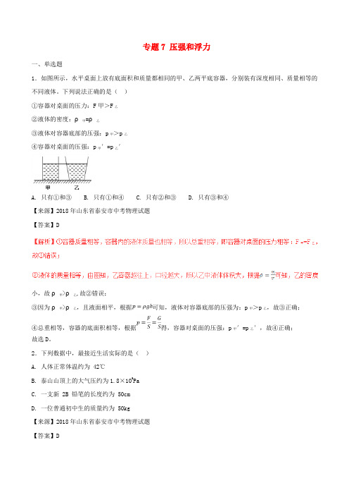 2018年中考物理试题分项版解析汇编(第01期)专题07 压强和浮力(含解析)