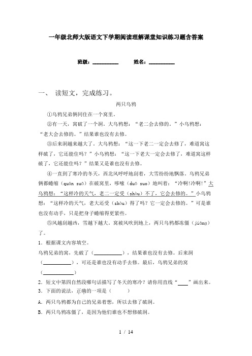 一年级北师大版语文下学期阅读理解课堂知识练习题含答案