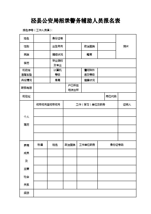 泾县公安局招录警务辅助人员报名表【模板】