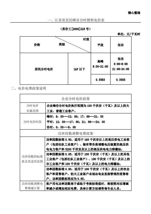 一、江苏省居民峰谷分时销售电价表