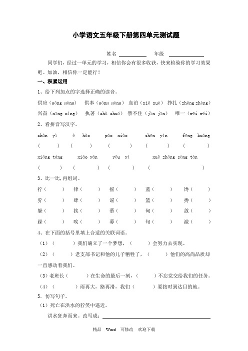 人教新课标五年级下册语文第四单元测试卷