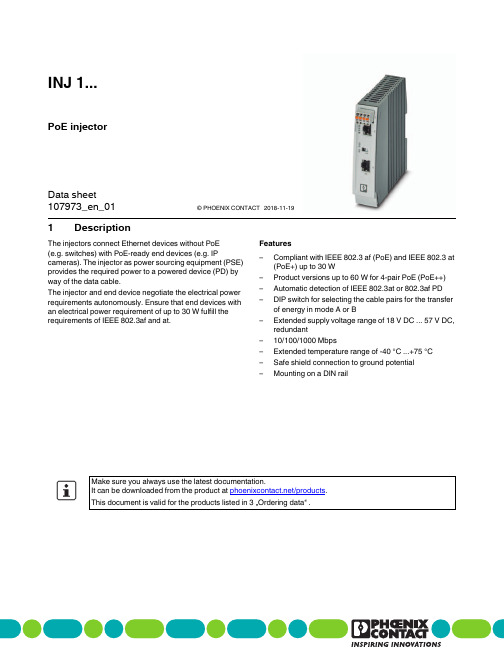 PHOENIX CONTACT PoE 电源注入器 INJ 1 数据表说明书