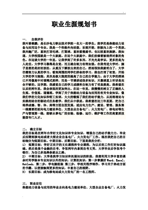 [理学]大学生职业生涯规划书电厂热动专业