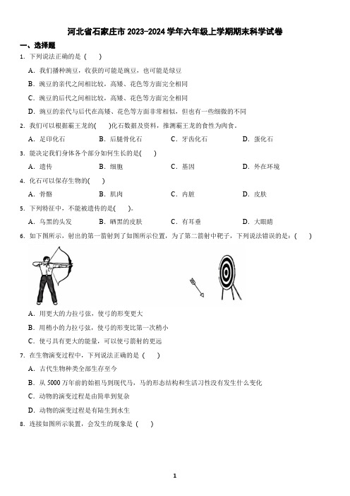 河北省石家庄市2023-2024学年六年级上学期期末科学试卷(含答案)