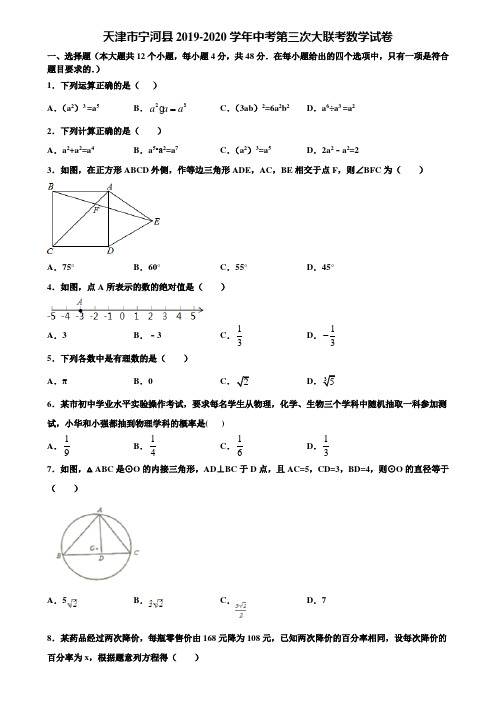 天津市宁河县2019-2020学年中考第三次大联考数学试卷含解析