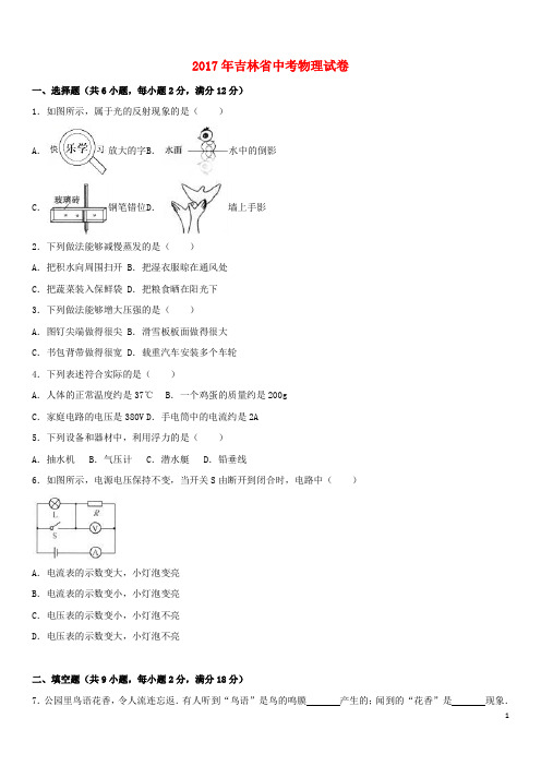 吉林省中考物理真题试题(含解析)