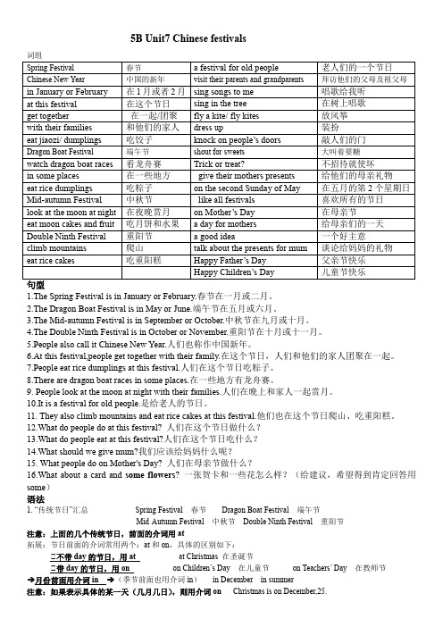  译林版英语小学五年级下册5B Unit7 Chinese festivals知识点总结