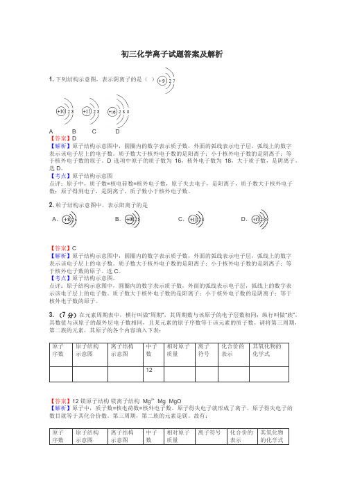 初三化学离子试题答案及解析
