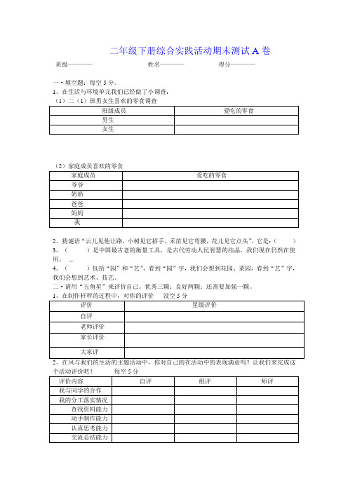 二年级下册综合实践活动期末测试A卷