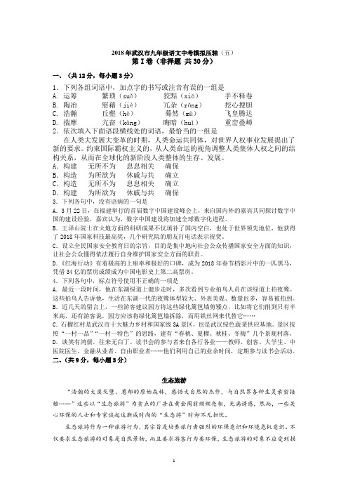 2018年武汉市九年级语文中考模拟压轴(五)