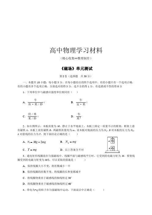 【精品试卷】人教版高中物理选修3-1《磁场》单元测试复习专用试卷