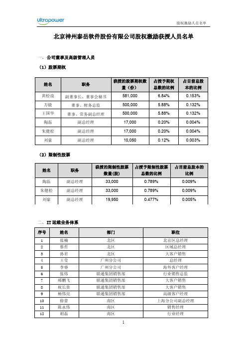 神州泰岳：股权激励获授人员名单