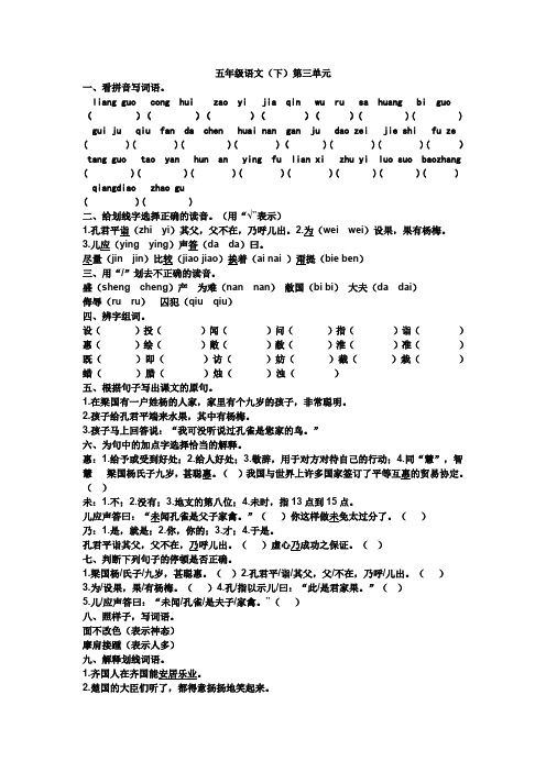 人教版五下语文练习册基础题