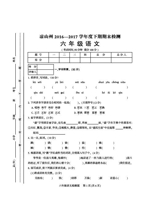 凉山州2016-2017学年度下期期末统一检测六年级语文试题及答案