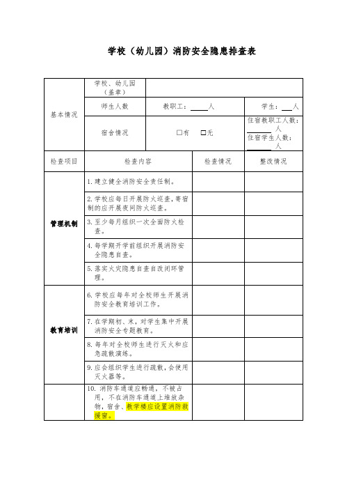 学校(幼儿园)消防安全隐患排查表