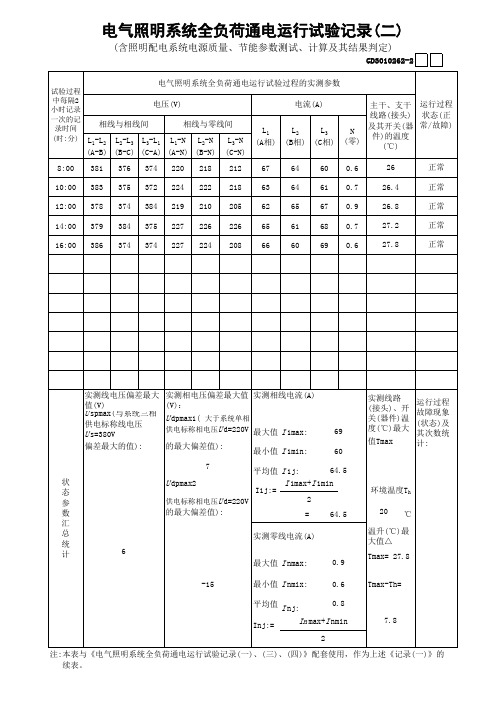 电气照明系统全负荷通电运行试验记录(二)