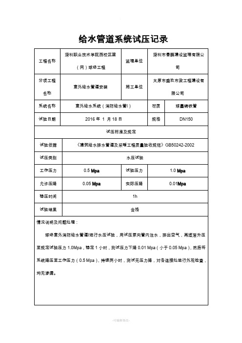 给水管道试压检查记录