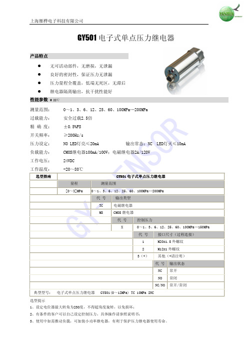 上海雁桦电子 GY501 电子式单点压力继电器 说明书