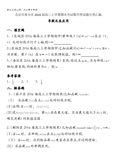 北京市部分区2016届高三上学期期中期末考试数学文分类汇编：导数及其应用 含答案