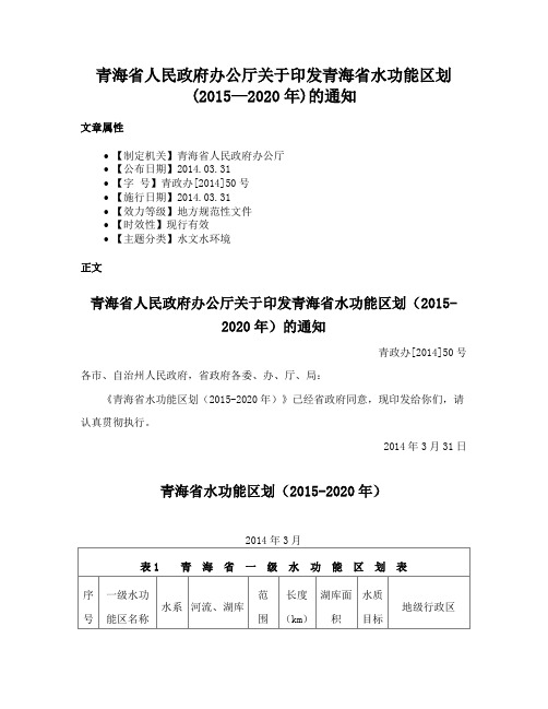 青海省人民政府办公厅关于印发青海省水功能区划(2015—2020年)的通知