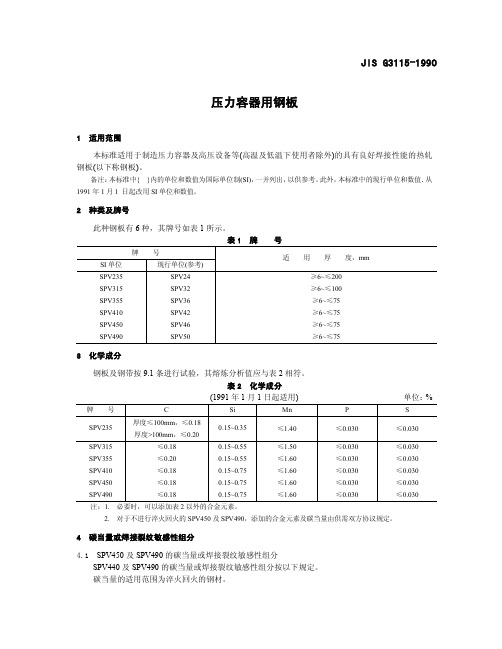 JIS G3115-1990压力容器用钢板