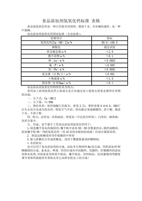 食品添加剂氢氧化钙标准 表格