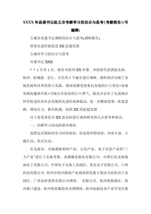 XXXX年县委书记赴五市考察学习的启示与思考(考察报告)(可编辑).doc