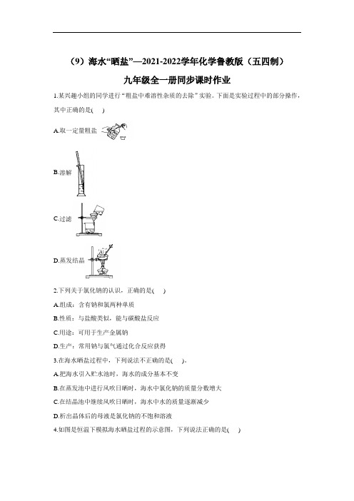 海水“晒盐”同步课时作业-2021-2022学年九年级化学鲁教版(五四制)全一册