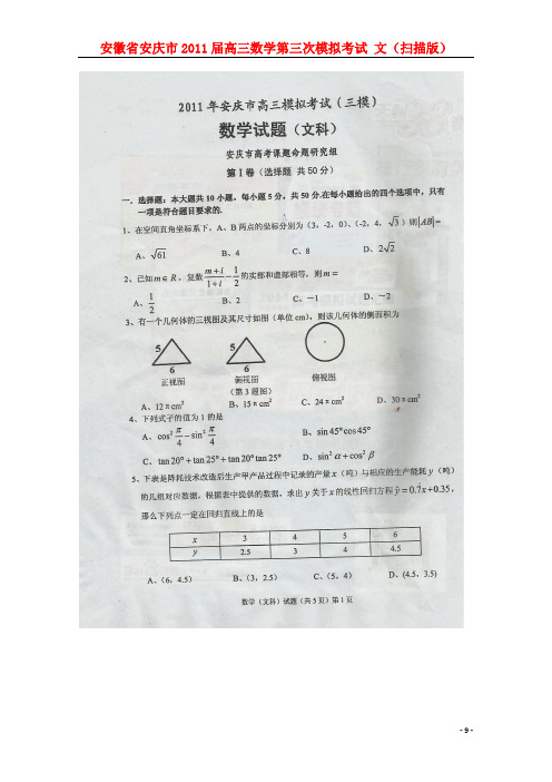 安徽省安庆市高三数学第三次模拟考试 文(扫描版)