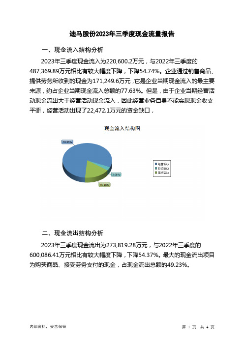 600565迪马股份2023年三季度现金流量报告