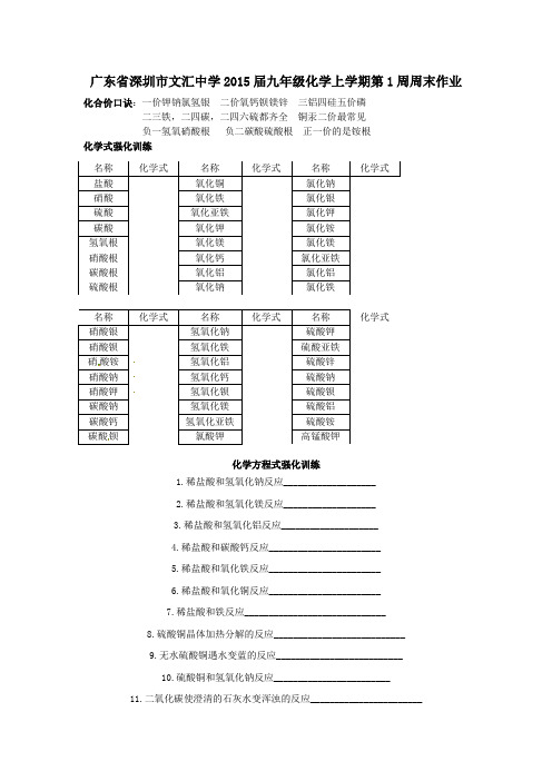 九年级化学上第1周周末作业1(无答案)