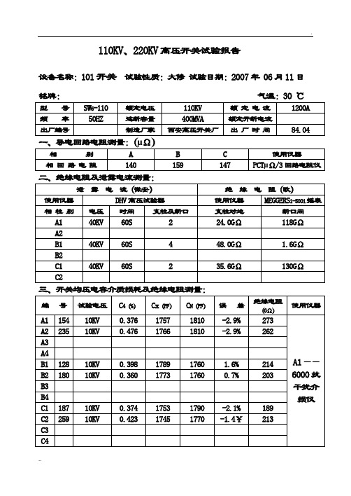 110KV、220KV开关试验报告